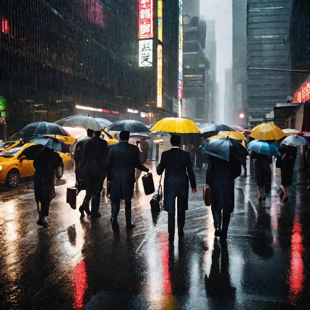 Люди идут под дождем по улице