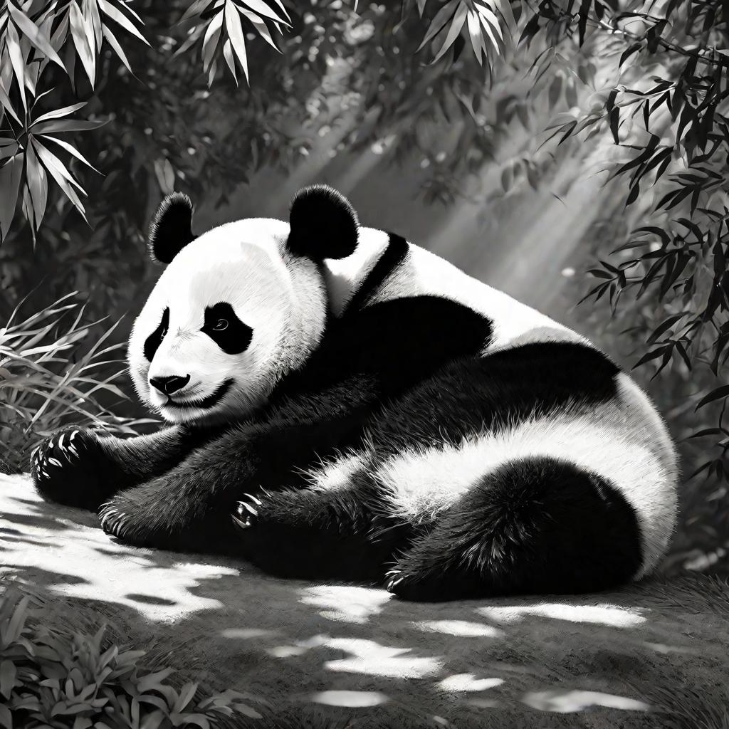 Спящая панда в тени дерева летом