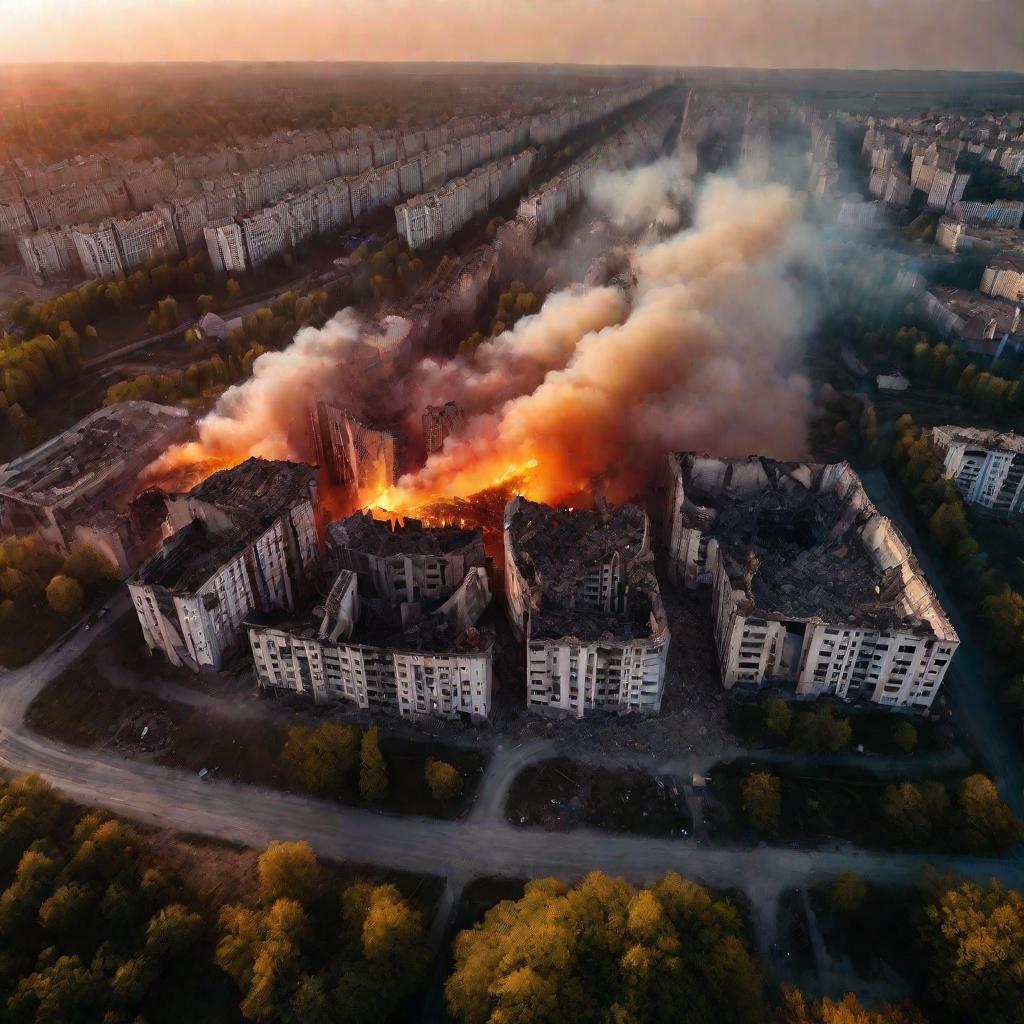 Разрушенный украинский город на закате