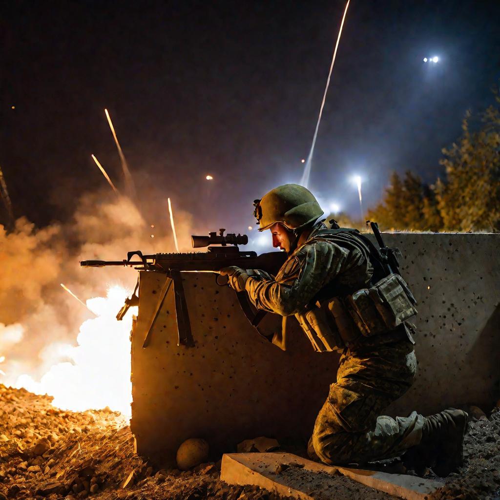 Украинский солдат прячется за бетонным блоком во время ночного артобстрела