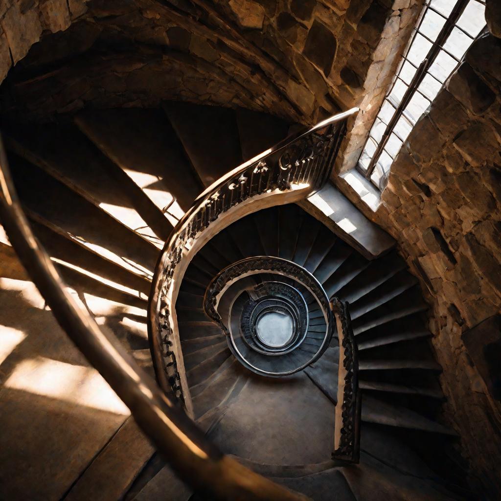 Драматичный вид сверху на спиральную лестницу в старой каменной башне.