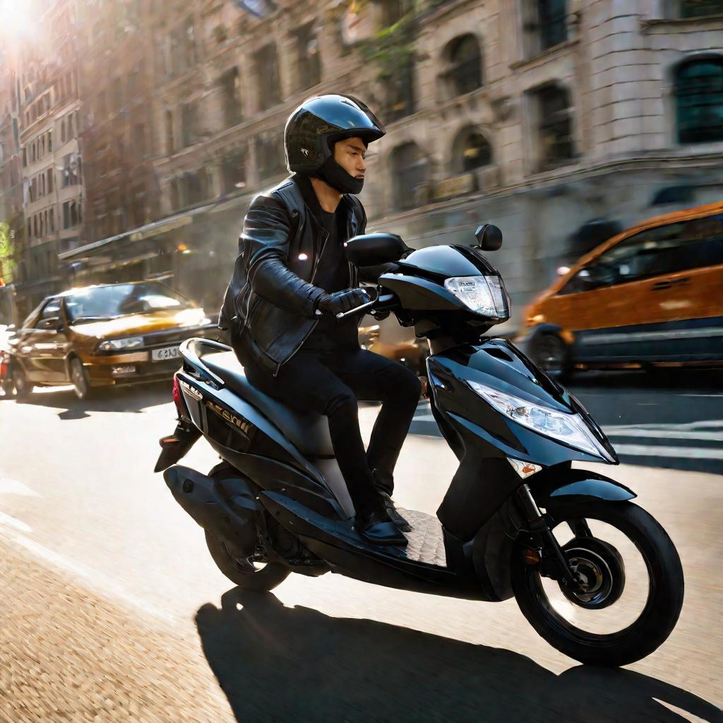Водитель на скутере Suzuki Address 50 едет по оживленной городской улице