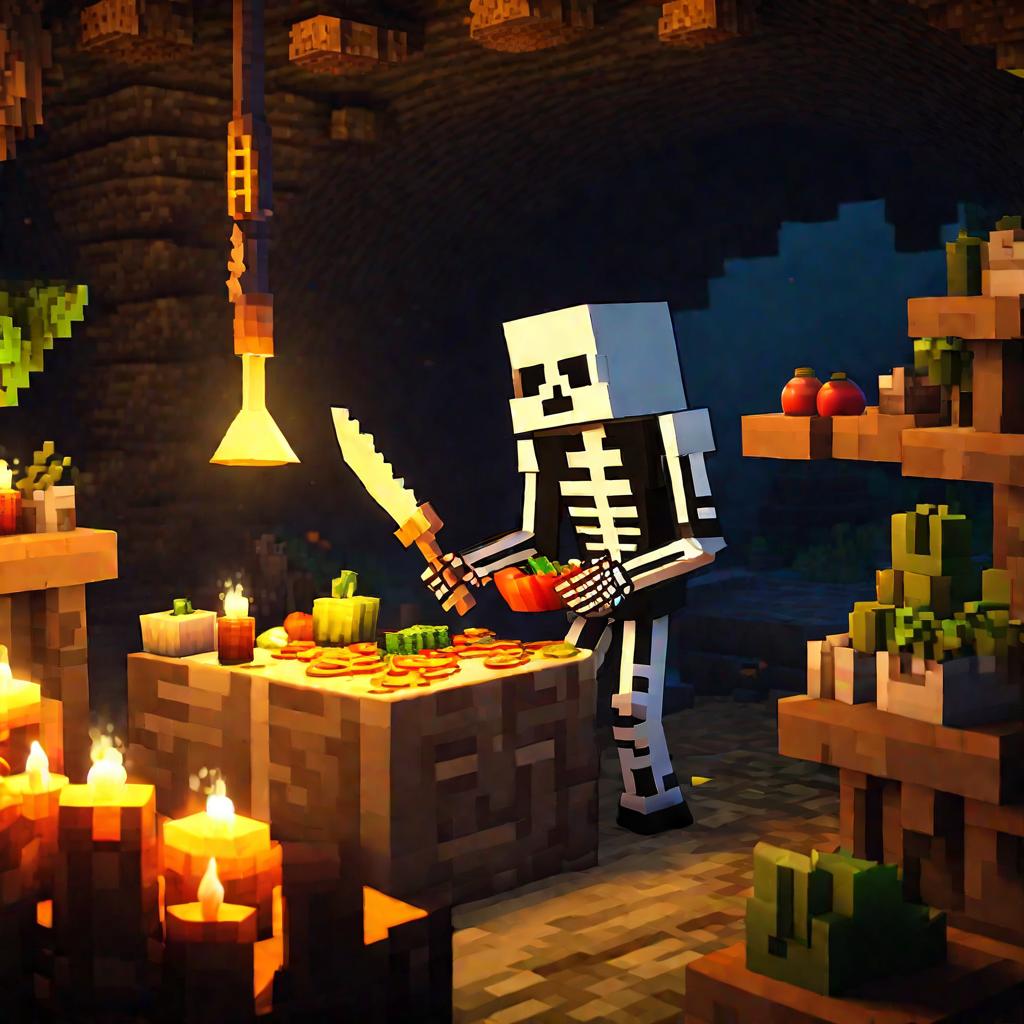 Скелет готовит еду в пещере в Майнкрафт