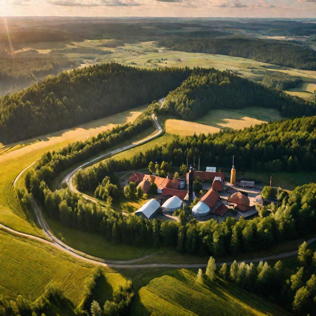 Вид сверху на литовскую деревню с пивоварней Швитурис