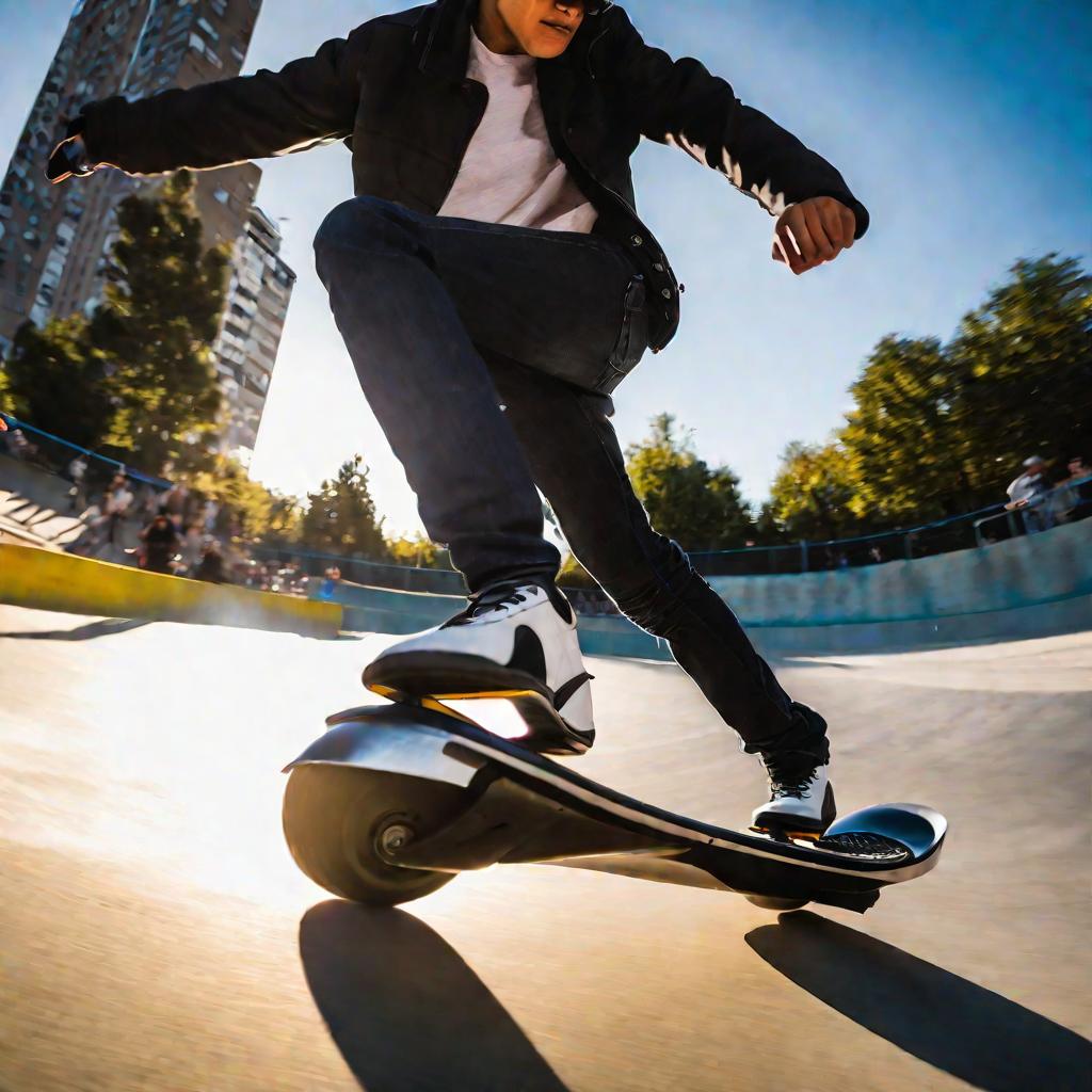 Человек выполняет трюки на гироскутере в скейт-парке. Размытие от движения подчеркивает высокую скорость.