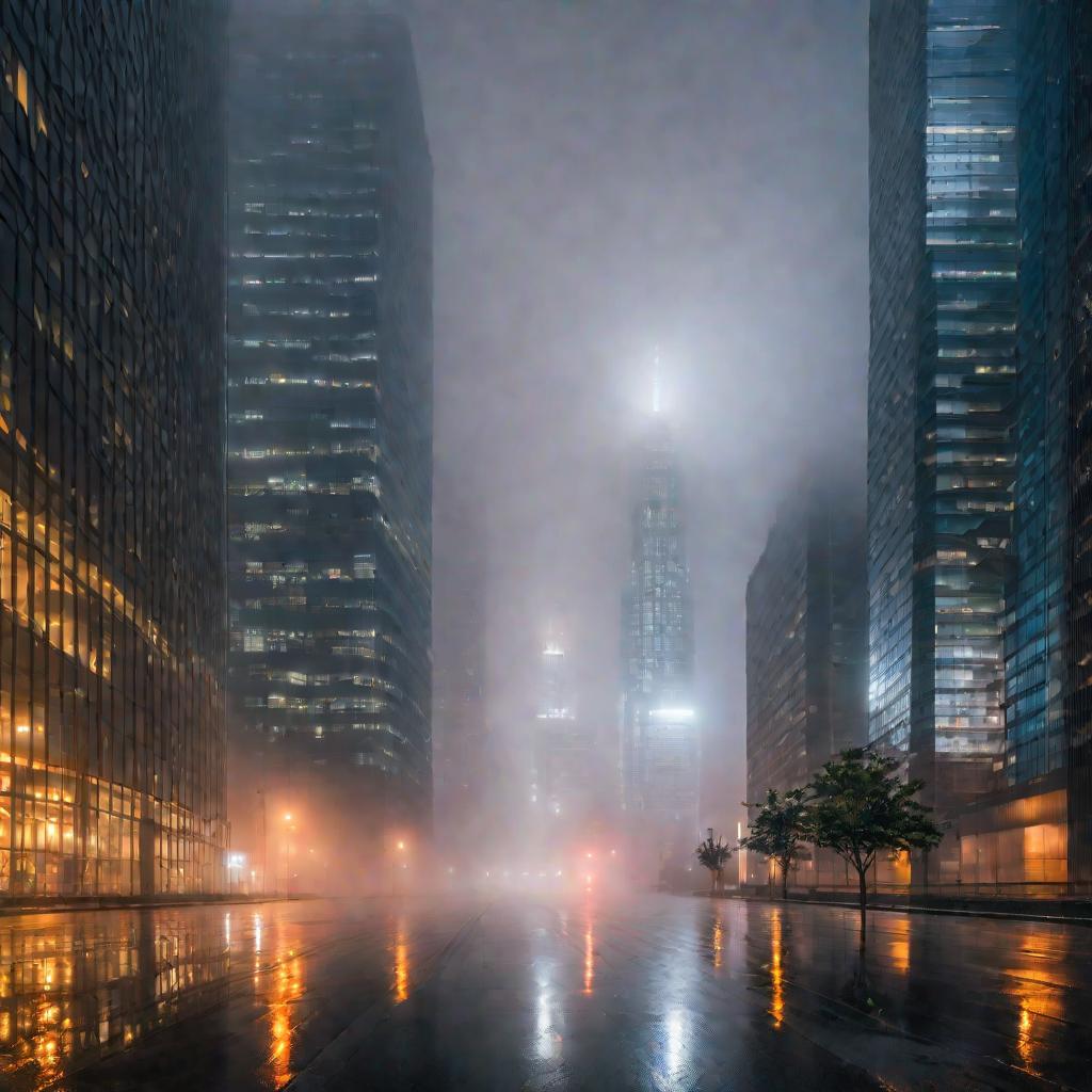 Панорамный вид на современный город в туманное утро. Высокие стеклянные небоскребы светятся теплым внутренним освещением сквозь мистический туман. Пустые улицы, мокрые от дождя, отражают огни города. Спокойный, задумчивый городской пейзаж.