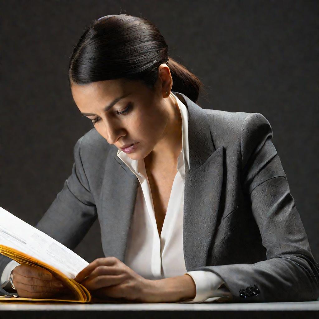 Портрет женщины в пиджаке, внимательно изучающей папку с документами.