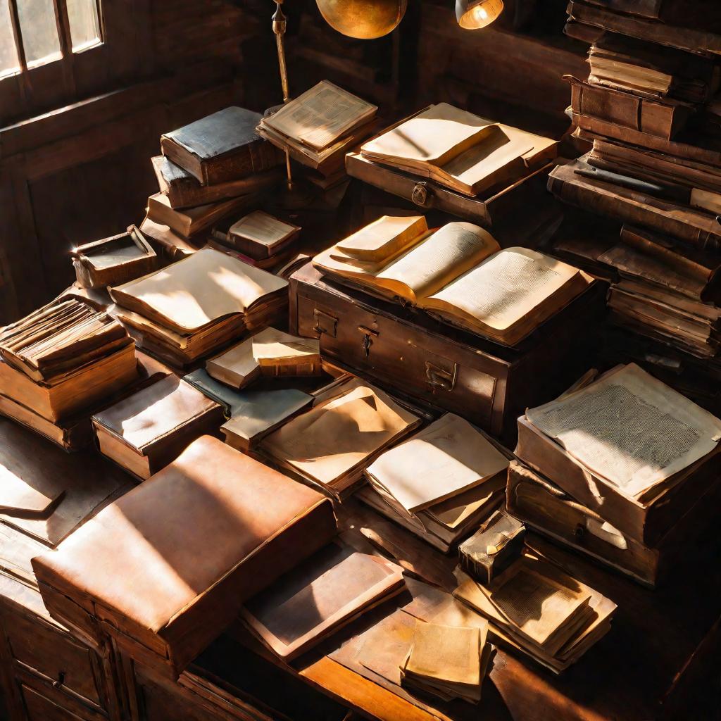 Вид сверху на деревянный письменный стол, заваленный книгами, бумагами и папками.