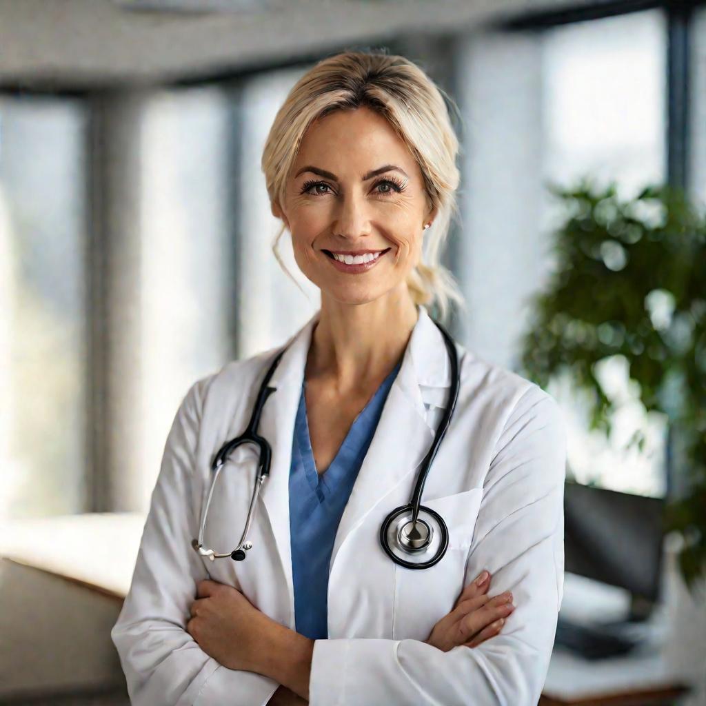 Портрет улыбающейся женщины-врача в белом халате в ее светлом кабинете