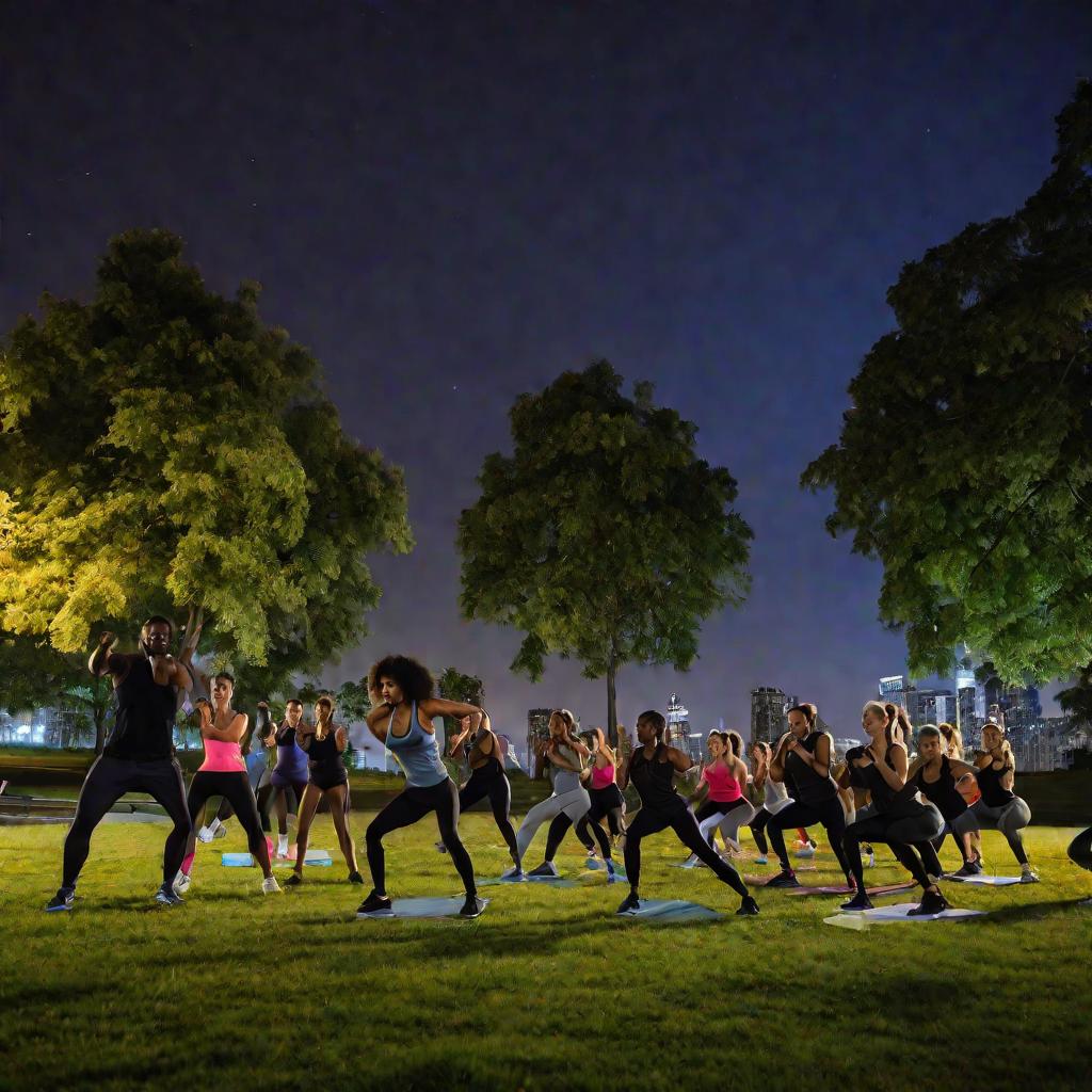 Вечерняя тренировка группы людей в парке