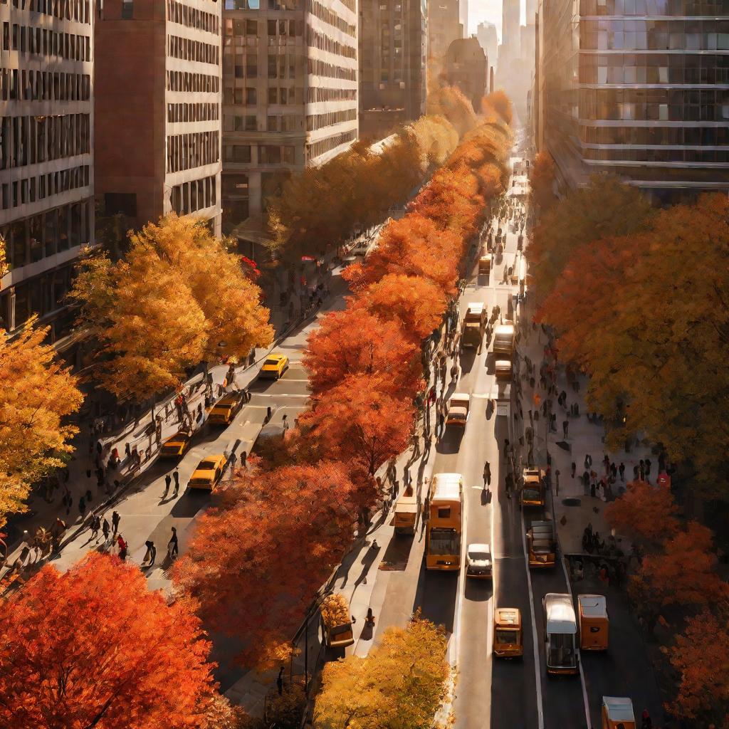 Осенняя улица с деревьями, автомобилями и прохожими