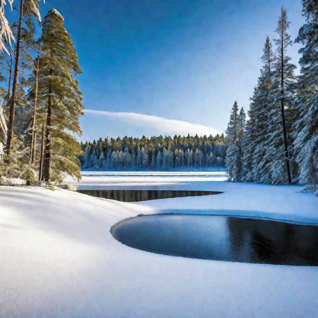 Зимний пейзаж - замерзшее озеро в лесу, покрытое гладким льдом и свежим снегом. Отражаются деревья и голубое небо. Видны следы животных.