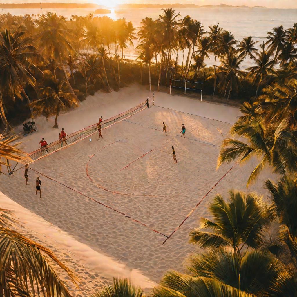 Вид сверху на площадку для пляжного волейбола во время золотого часа