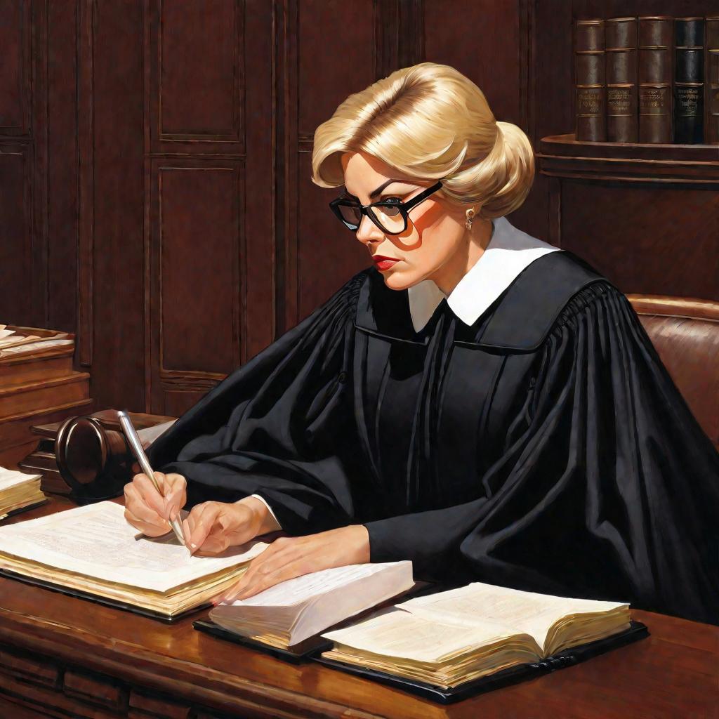 Крупным планом портрет женщины-судьи в официальной черной мантии, сидящей за большим деревянным столом в зале суда. У нее короткие блондинистые волосы и очки, она пристально смотрит вниз на файл, глубоко задумавшись. Освещение мягкое, ее лицо частично в т