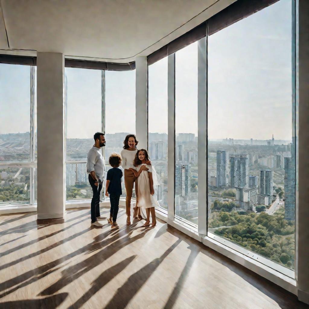 Семья смотрит из окна новой квартиры на панораму города.