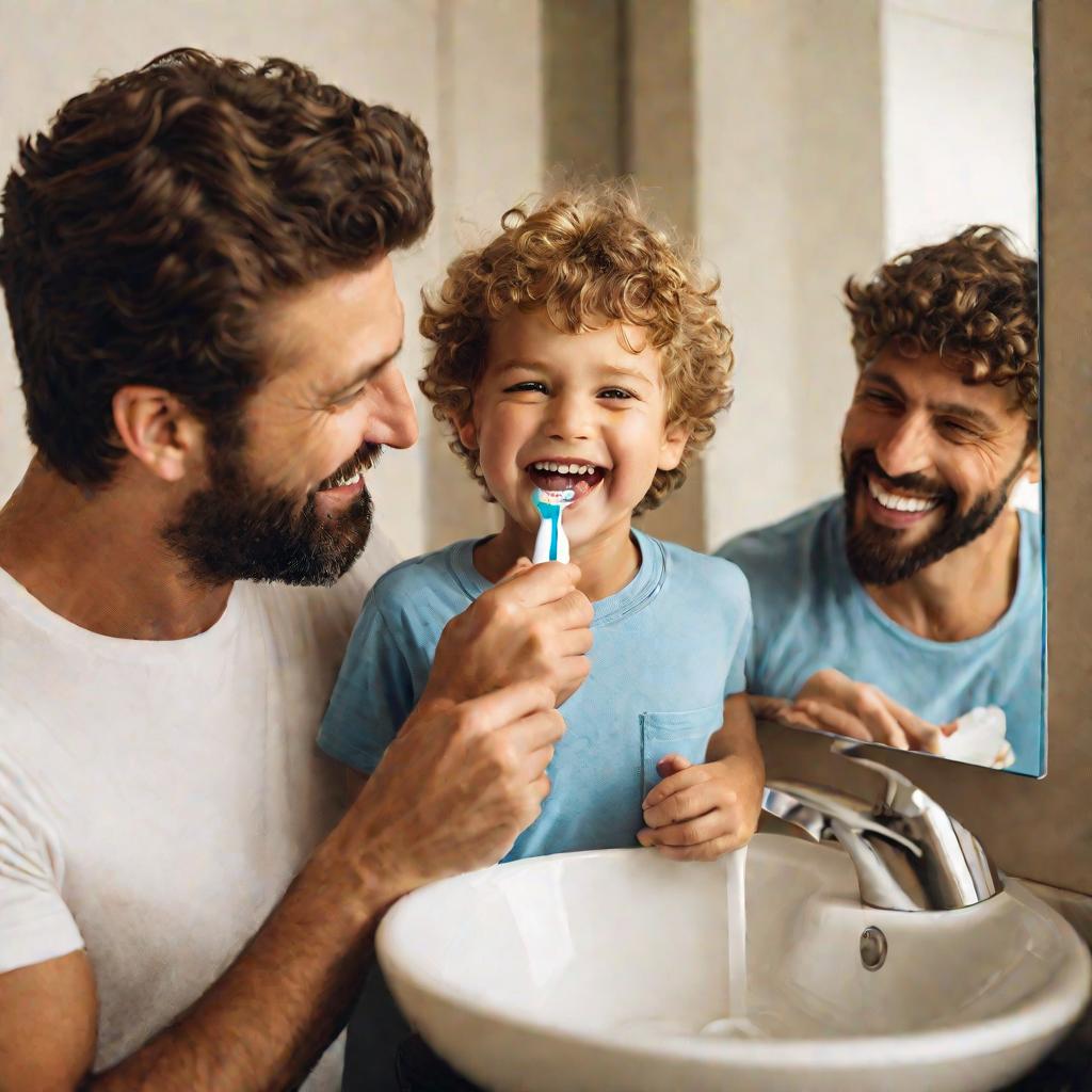 Папа и сын чистят зубы.