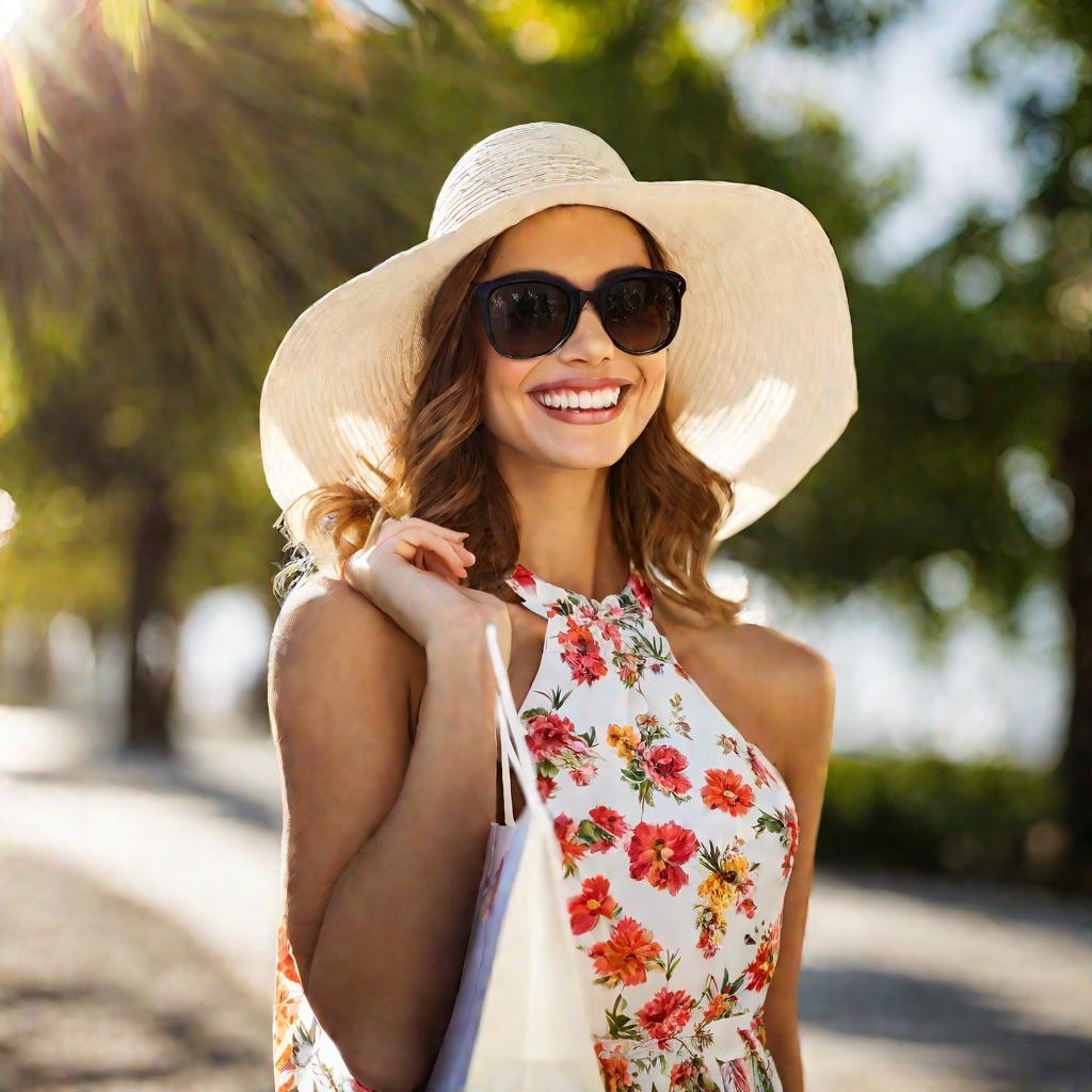 Портрет счастливой молодой женщины с пакетом из интернет-магазина Discount50.ru на солнечной улице.
