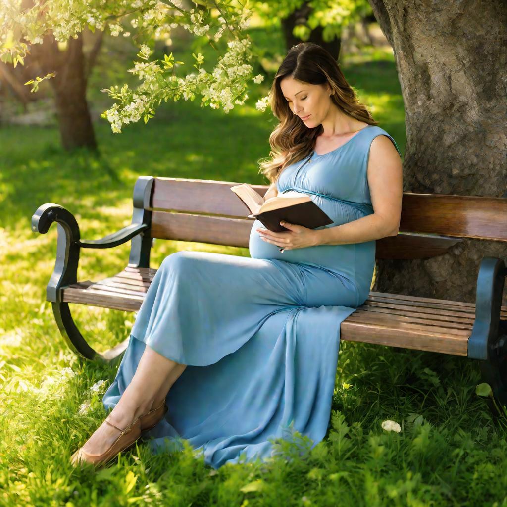 Беременная женщина читает книгу на скамейке в парке