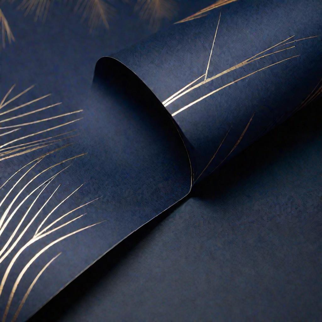 Крупным планом показан рулон модных темно-синих обоев с глянцевой текстурой.