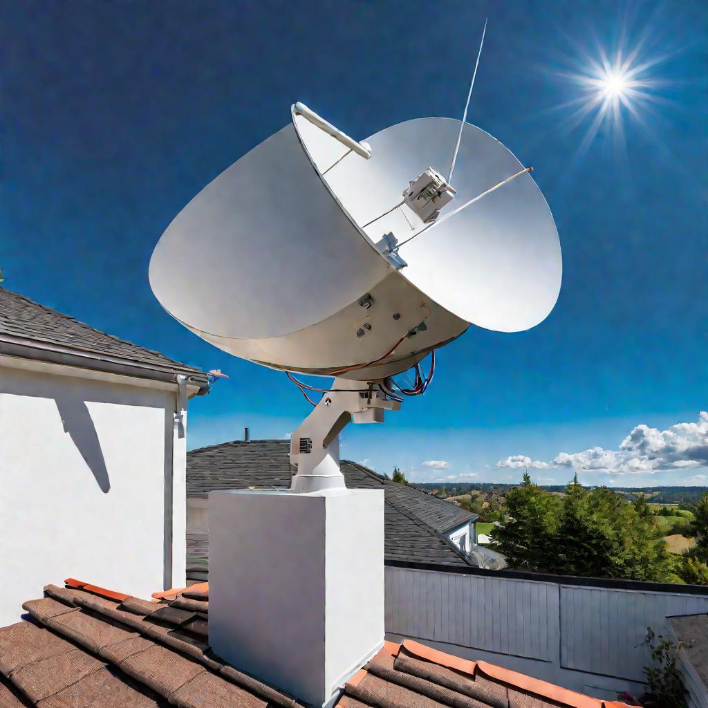 Небольшая спутниковая антенна, установленная на крыше современного пригородного дома, с кабелями, спускающимися по стене. Широкий пейзажный вид в солнечный день с драматичным освещением и яркими цветами. Антенна наклонена в сторону чистого голубого неба с