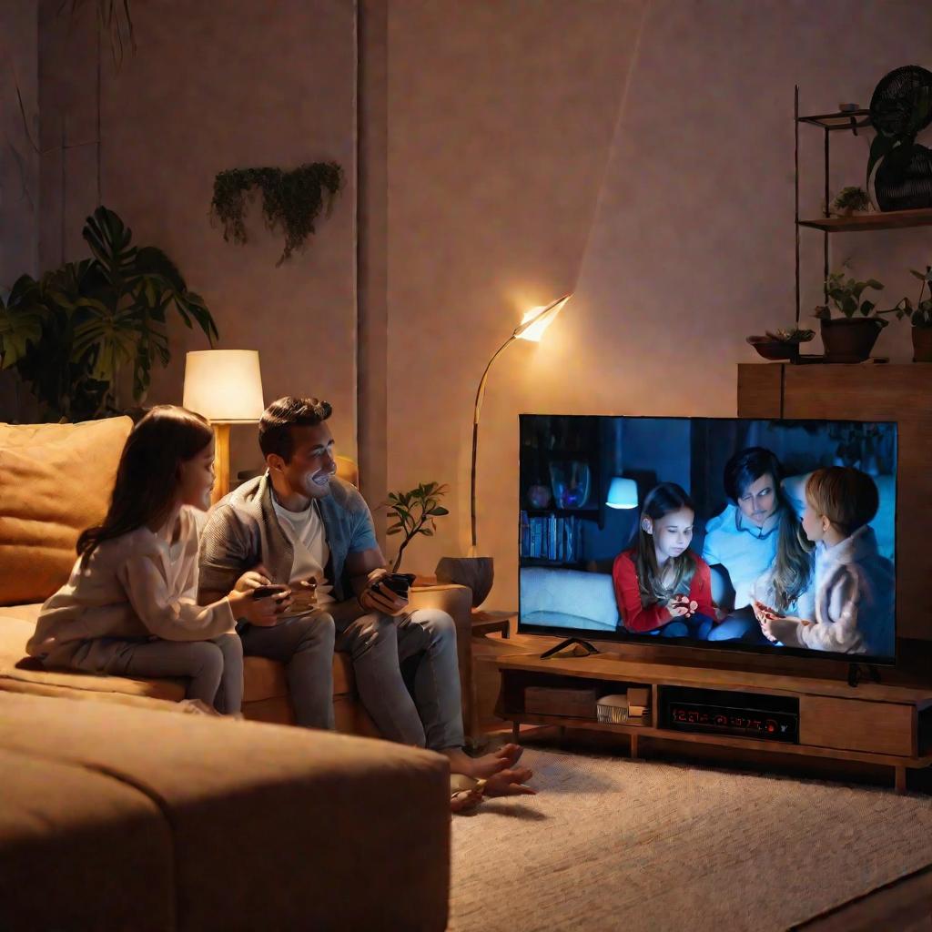 Счастливая семья смотрит спутниковое телевидение в гостиной вечером. Средний план, демонстрирующий яркий экран телевизора и семью на диване. Уютное теплое настроение с окружающим освещением.