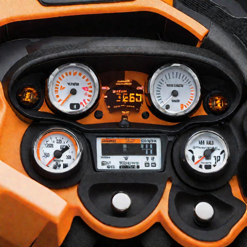 Крупным планом приборная панель скутера Yamaha BWS 50. Компактный круглый спидометр ярко оранжевого цвета.