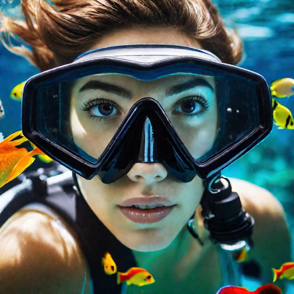Крупный план молодой женщины под водой в маске для дайвинга. Ее глаза отчетливо видны за стеклами маски. Она с легкой улыбкой смотрит прямо в камеру, а за ее спиной вдали плавают разноцветные тропические рыбы.