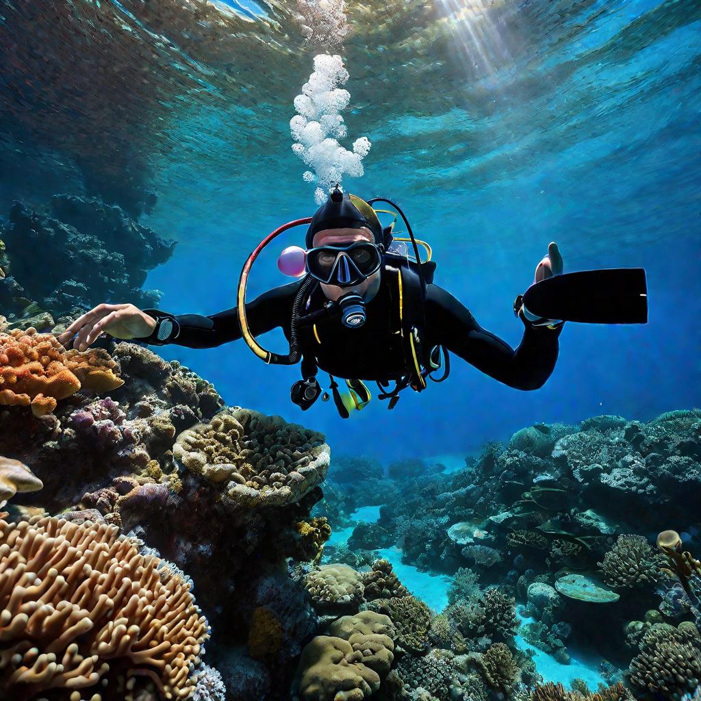 Вид на дайвера в акваланге, обследующего коралловый риф, снятый снизу. Дайвер завис на высоте 5 метров над рифом, от его оборудования поднимаются струи пузырьков. За маской видны его глаза, направленные вниз на риф. Солнечный свет проникает сквозь прозрач
