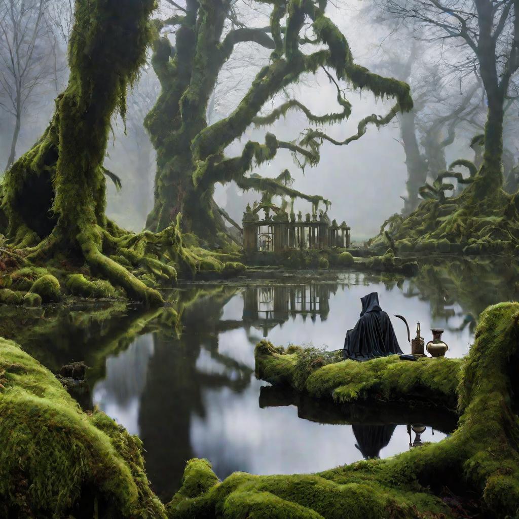 Таинственный лес с прудом, где ищут знания.