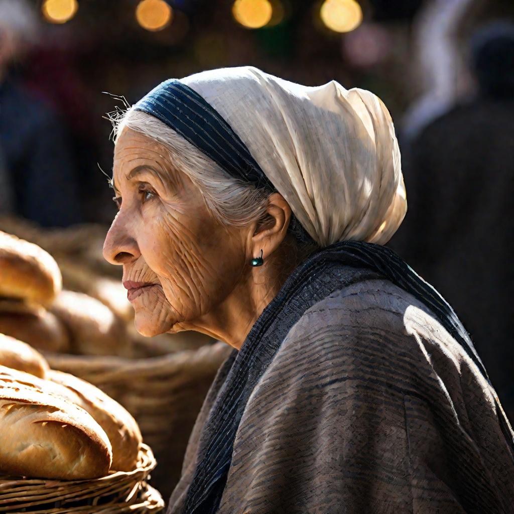 Пожилая женщина задумчиво смотрит вдаль, размышляя о цене на хлеб