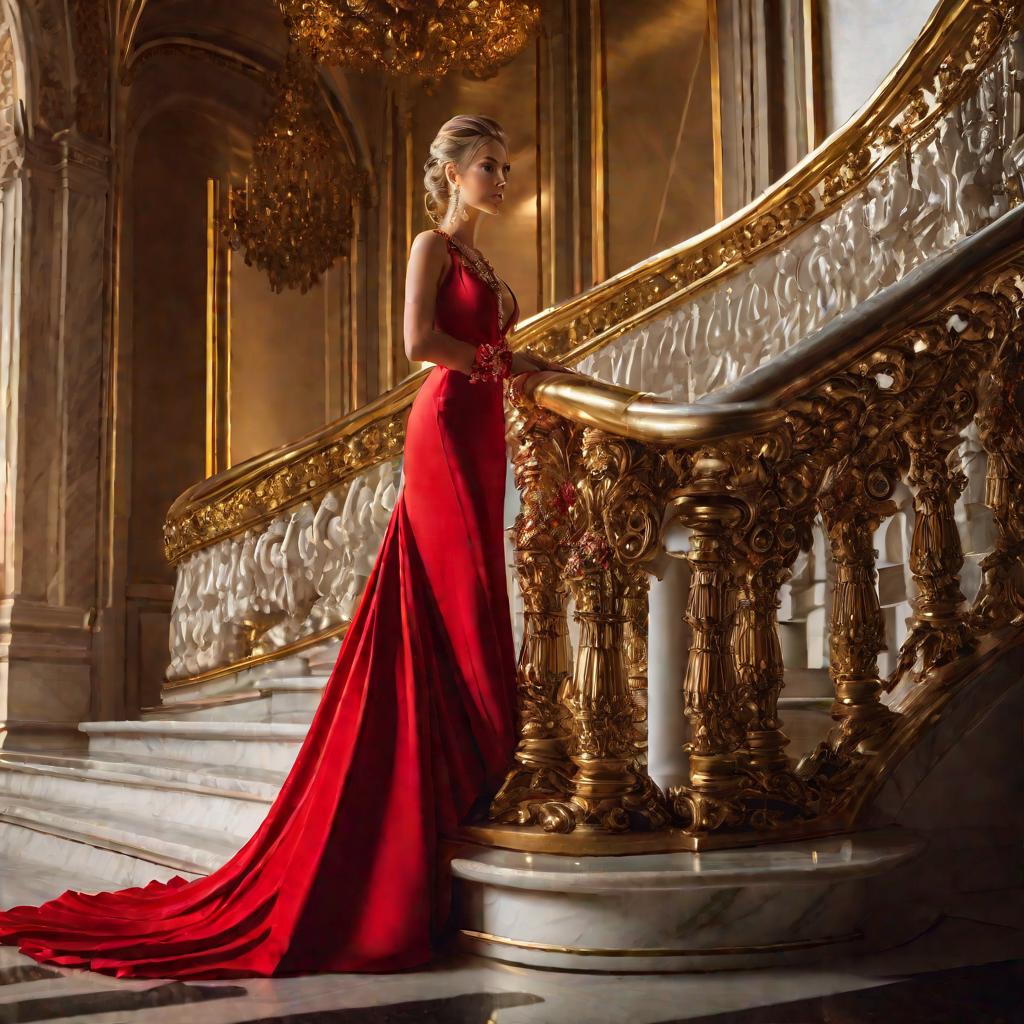 Крупный план портрета элегантной женщины в длинном красном вечернем платье, стоящей на величественной изогнутой мраморной лестнице.