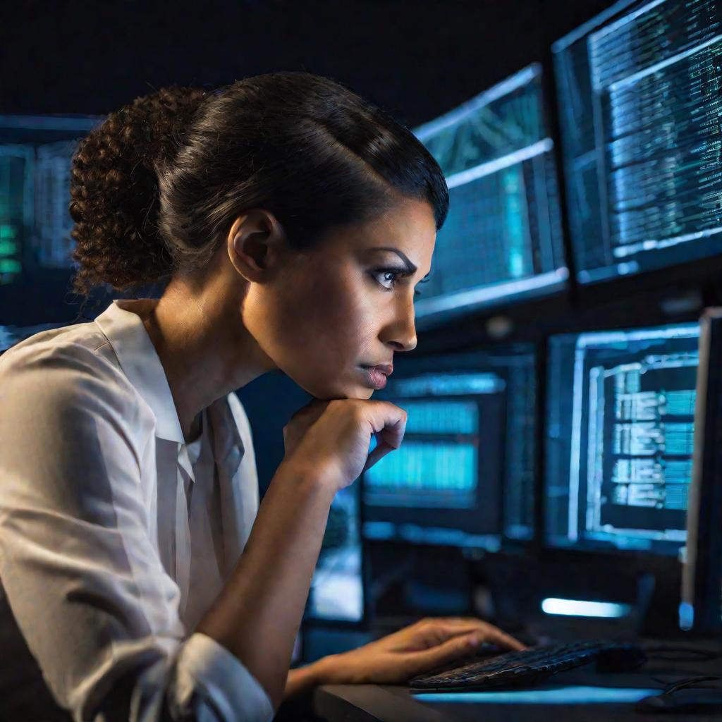 Женщина-программист смотрит на мониторы с диаграммами БД