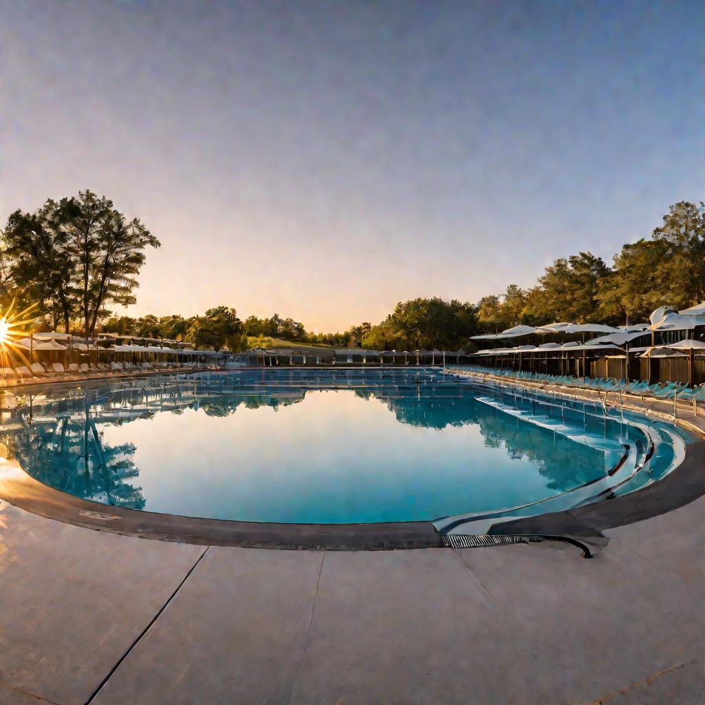 Панорамный вид на бассейн на закате солнца