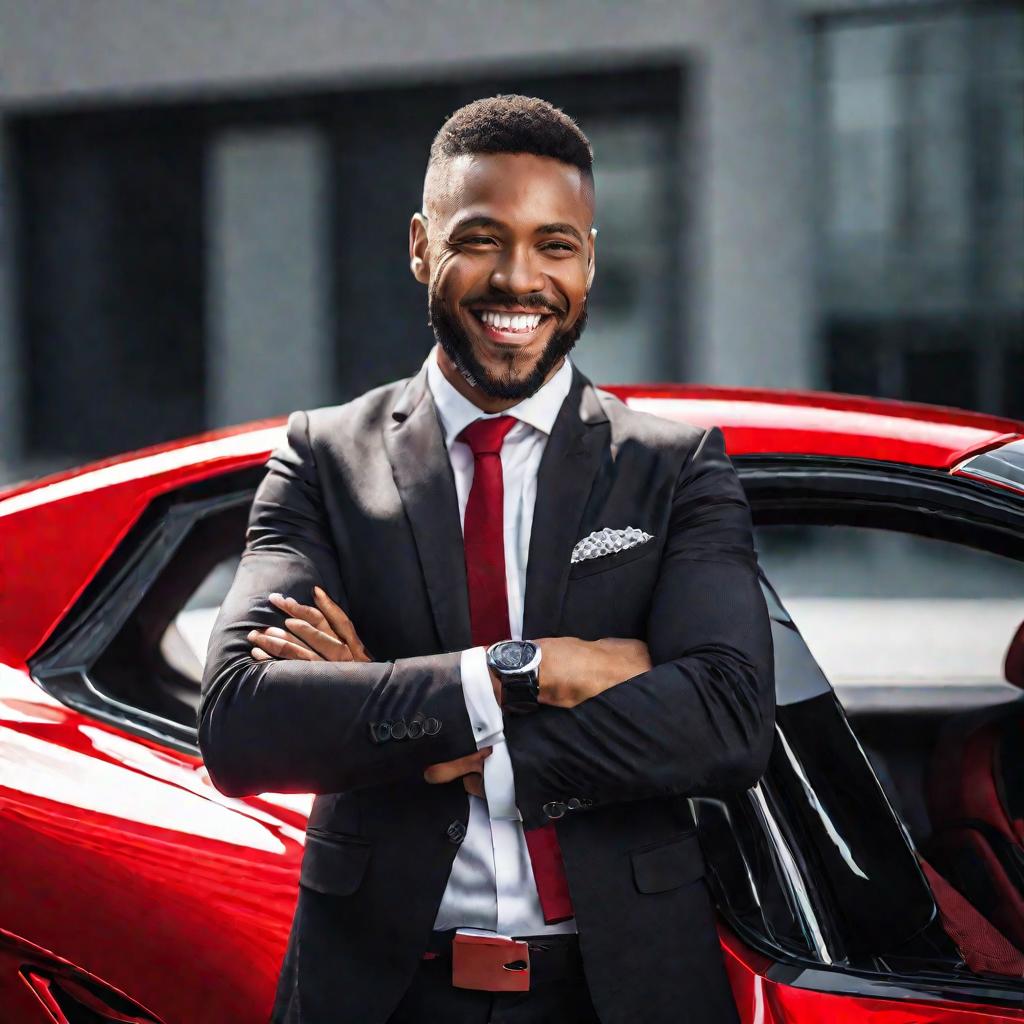 Крупный план портрет улыбающегося мужчины в костюме, стоящего перед блестящим красным спорткаром. Одной рукой он держится за открытую дверь водителя, готовый отправиться на тест-драйв.