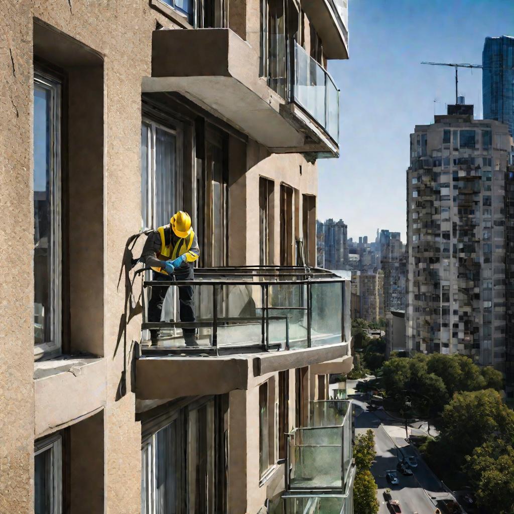 Работник заменяет большое стекло на солнечном балконе