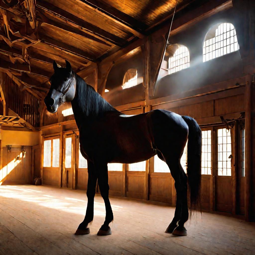Внутренний вид богатой конюшни, освещенной солнечным светом из окон. Денники из полированного дерева с латунными деталями. Большая черная лошадь в переднем плане смотрит прямо в камеру.