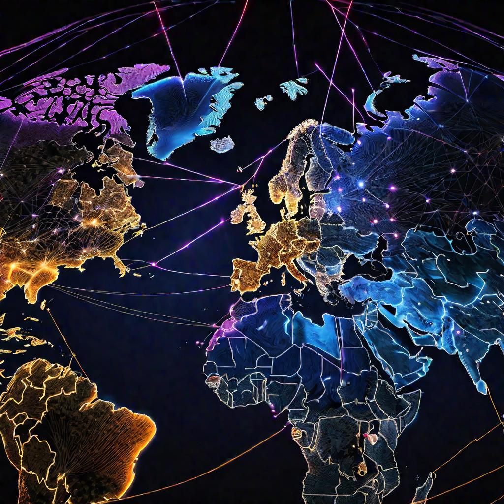 Вид сверху на освещенную неоном карту мира с пульсирующими линиями, показывающими международный роуминг.