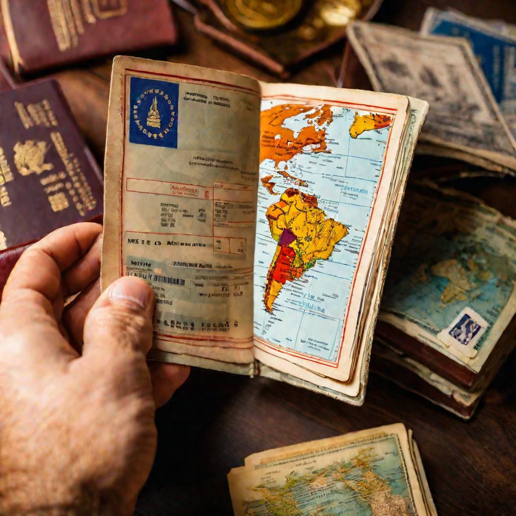 Крупным планом старый потрепанный паспорт с отметками из многих стран, билетами и деньгами, символизирующий частые поездки и роуминг.