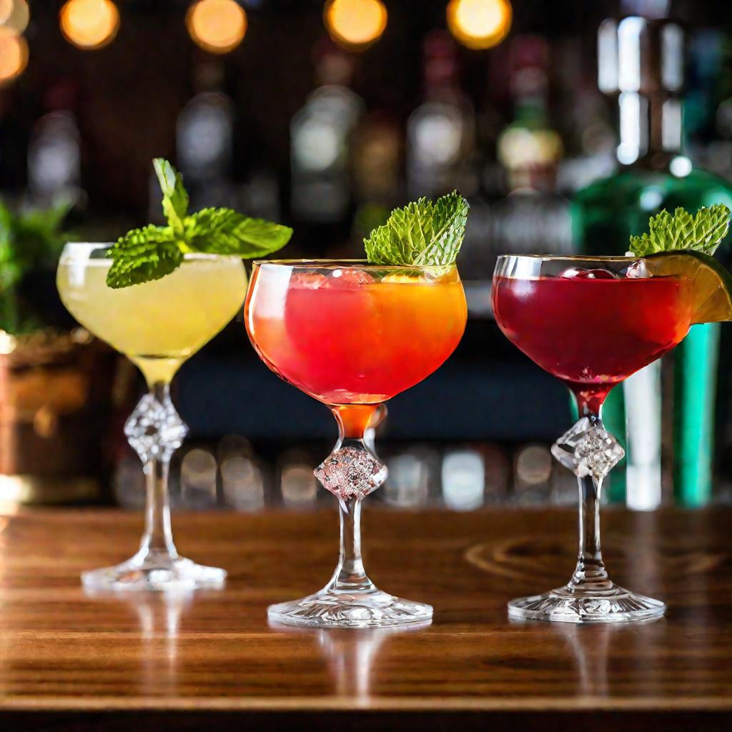 Три бокала с разноцветными алкогольными коктейлями на основе водки Зеленая Марка кедровая.