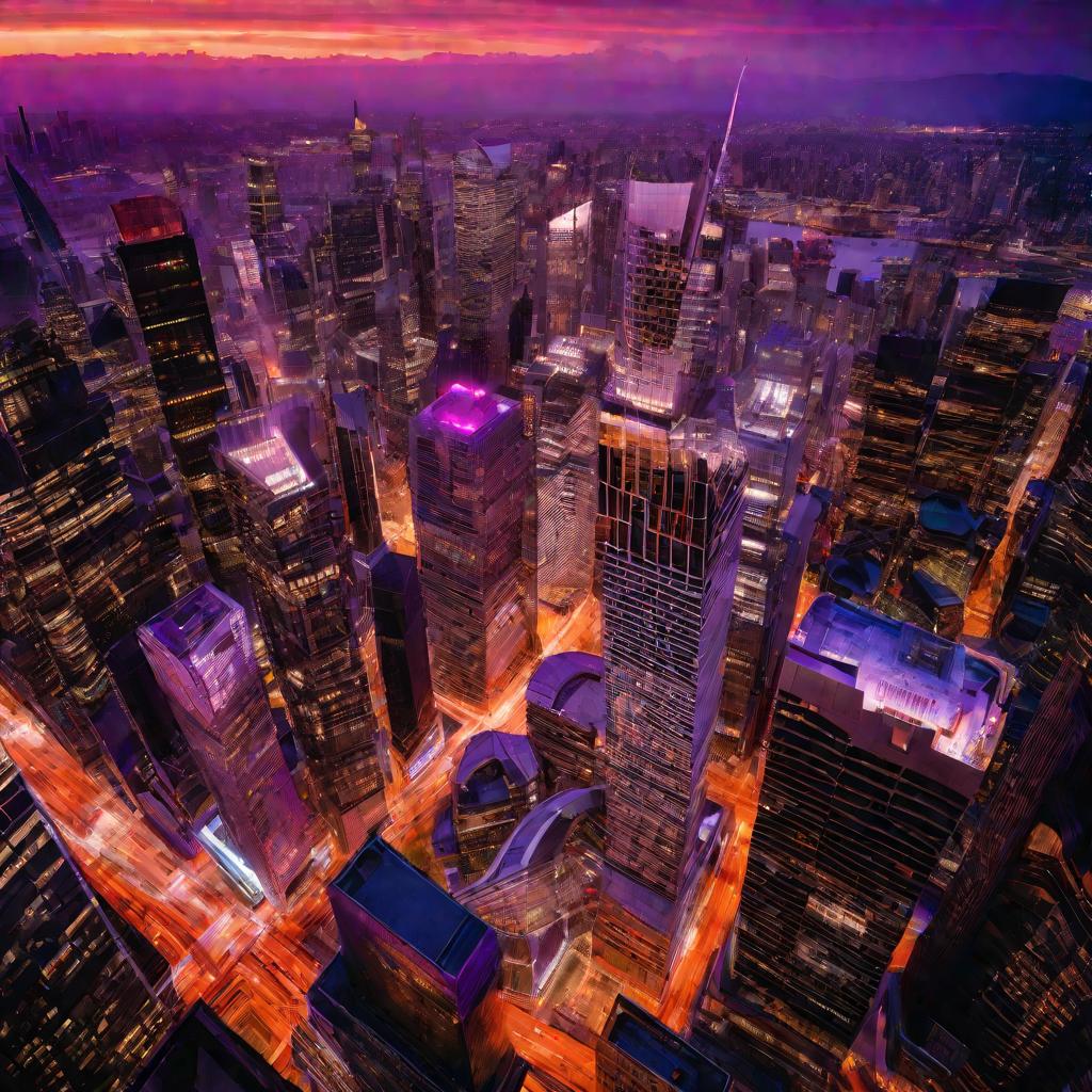 Вид финансового центра города на закате