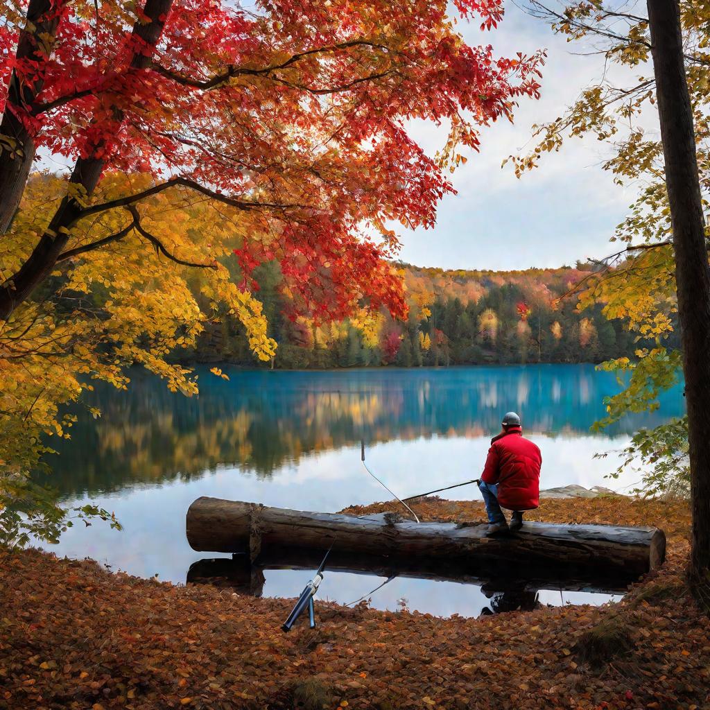 Широкий вид озера в лесу осенью. Мужчина чинит удочку паяльной лампой.