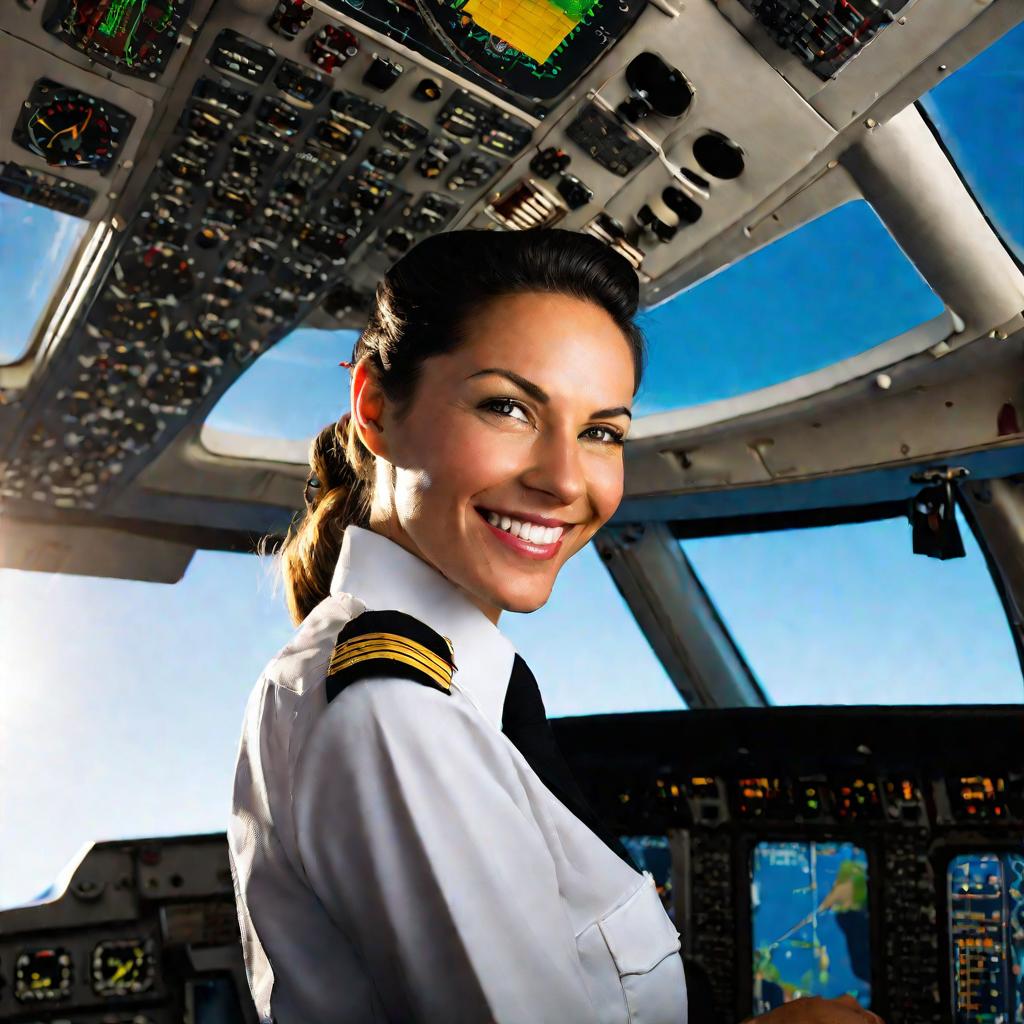 Портрет улыбающейся женщины-пилота в форме, стоящей в кабине самолета.