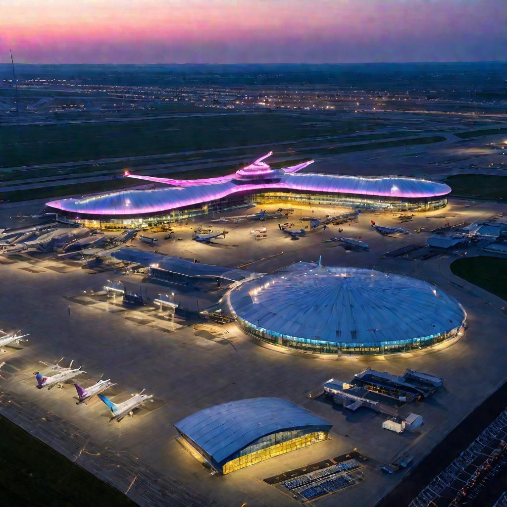Вид сверху на новый терминал аэропорта Саратова в сумерках.