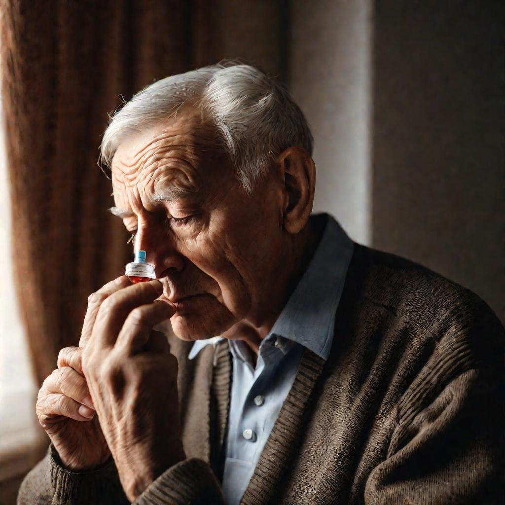Пожилой мужчина закапывает глазные капли в глаза.