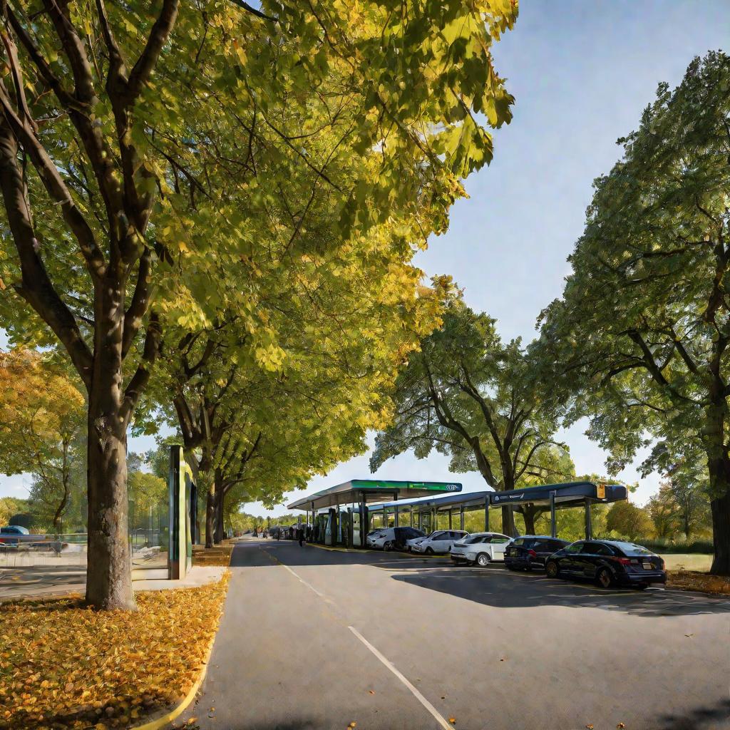 Широкий дневной снимок лиственной перехватывающей парковки на окраине города. Деревья окаймляют парковку, заполненную машинами, а пассажиры идут по тенистой аллее к автобусной остановке возле станции.
