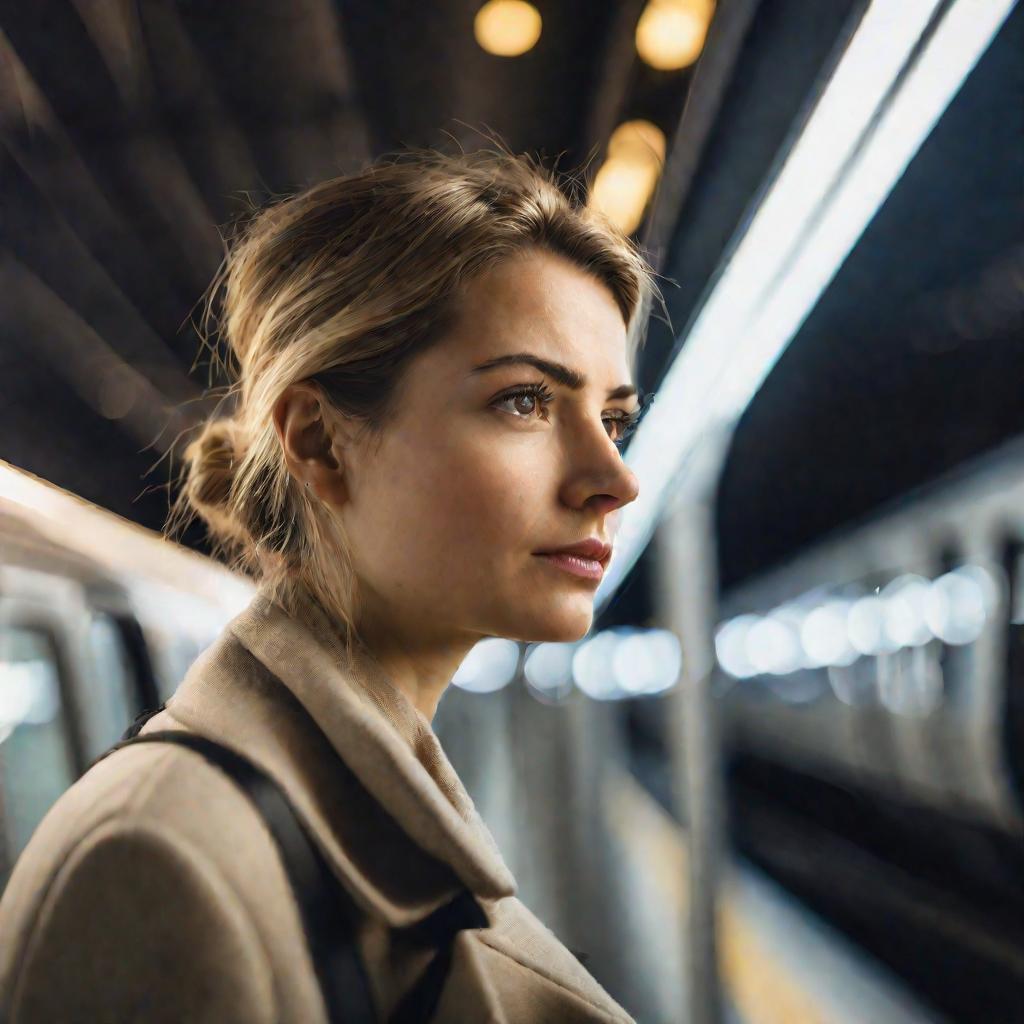 Крупным планом портрет молодой женщины-пассажирки, задумчиво смотрящей в окно метро, пока поезд проносится мимо платформы современной станции.