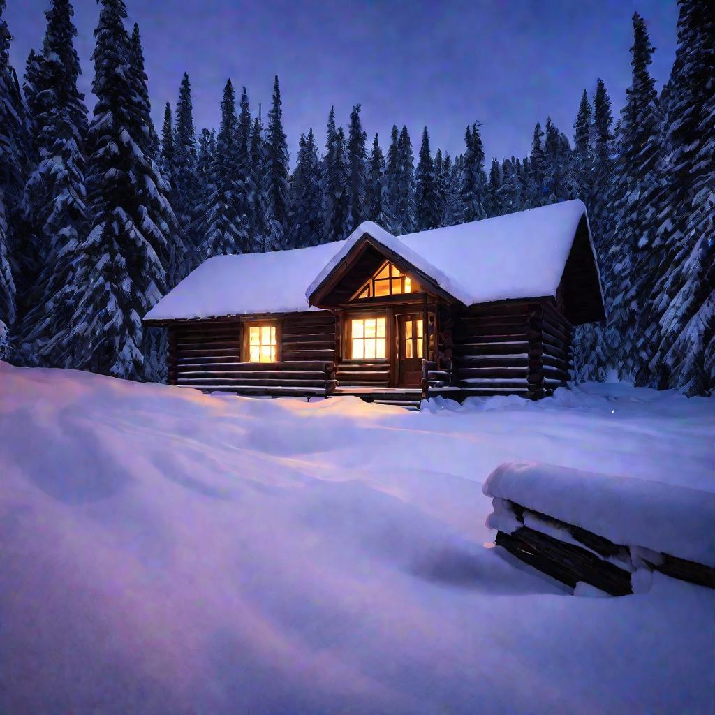 Снежный зимний лес в сумерках с освещенной светом избушкой