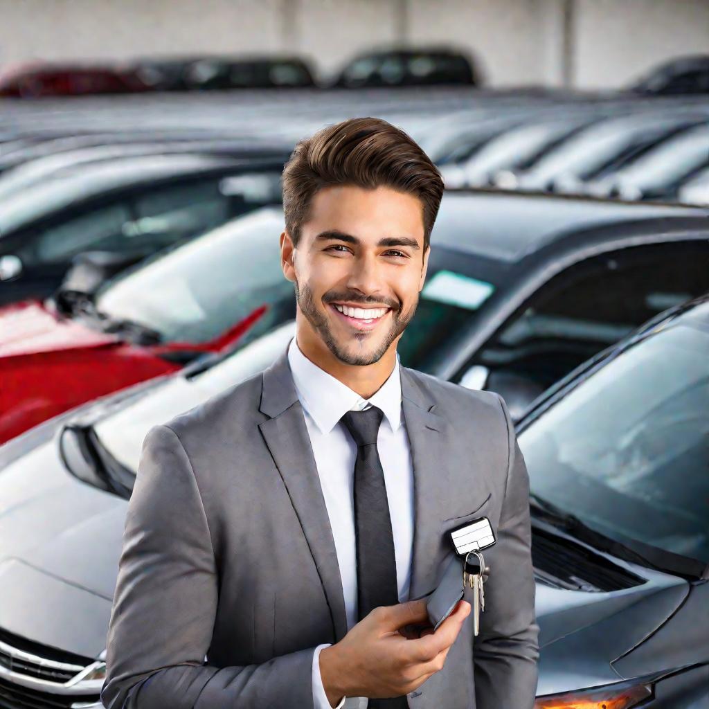 Крупный портрет улыбающегося молодого продавца на фоне рядов подержанных автомобилей.