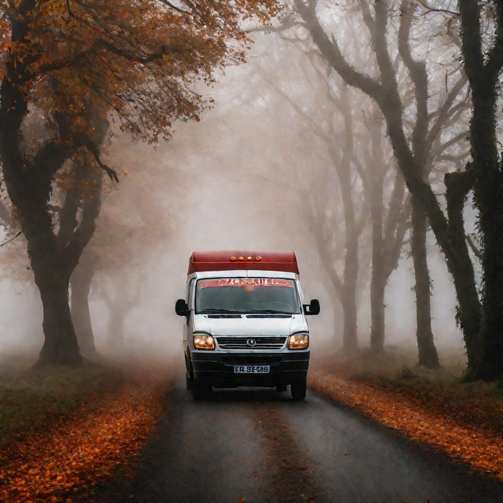 Газель едет по туманной дороге осенью