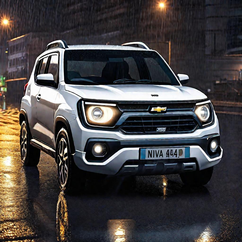 Chevrolet Niva на ночной мокрой улице в городе